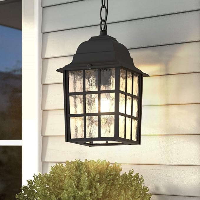 Outdoor Pendant Light 2 Pack, Exterior Ceiling Hanging Lantern Porch Light with Water Glass, 1-Light Outdoor Hanging Lantern Light Black Exterior Pendant Lighting Fixture for Porch