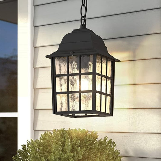 Outdoor Pendant Light, Exterior Ceiling Hanging Lantern Porch Light with Water Glass, Outdoor Hanging Lantern Light Black Exterior Pendant Lighting Fixture for Porch, Yard, Gazebo