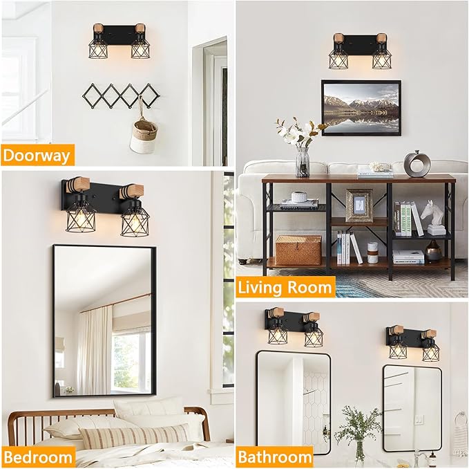 FadimiKoo 2-Light Farmhouse Bathroom Vanity Light Fixtures, Wood Bathroom Lighting Over Mirror, Black Rustic Sconces Wall Lighting with Metal Lampshade for Living Room, Bedroom, Hallway