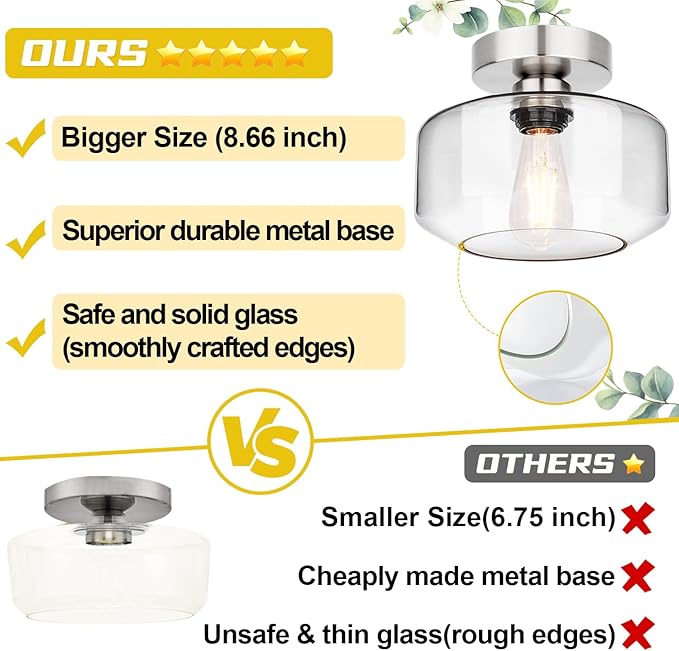 Lynnoland Industrial Semi Flush Mount Ceiling Light Brushed Nickel, Clear Glass Shade Ceiling Light Fixture, Farmhouse Light Fixture for Hallway Corridor Kitchen Bathroom Bedroom Foyer