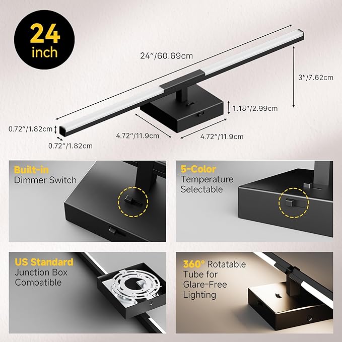 Vanity Lights 24 inch, 4-Level Brightness Built-in Dimmer, 14W Dimmable 5CCT Bathroom Light Fixtures Over Mirror, Black Vanity Lights for Bathroom Mirror Cabinets Bedroom-FCC & ETL Certified