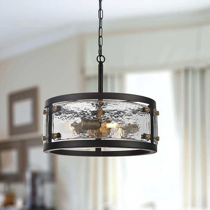 CNRATYE 13" Industrial Drum Glass Chandelier, 3-Light Rustic Hanging Pendant Lights, Metal Round Lighting Fixture for Dining Room Foyer Entryway Hallway Bedroom, Clear Waterglass Drum Shade