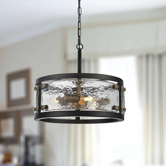 CNRATYE 13" Industrial Drum Glass Chandelier, 3-Light Rustic Hanging Pendant Lights, Metal Round Lighting Fixture for Dining Room Foyer Entryway Hallway Bedroom, Clear Waterglass Drum Shade