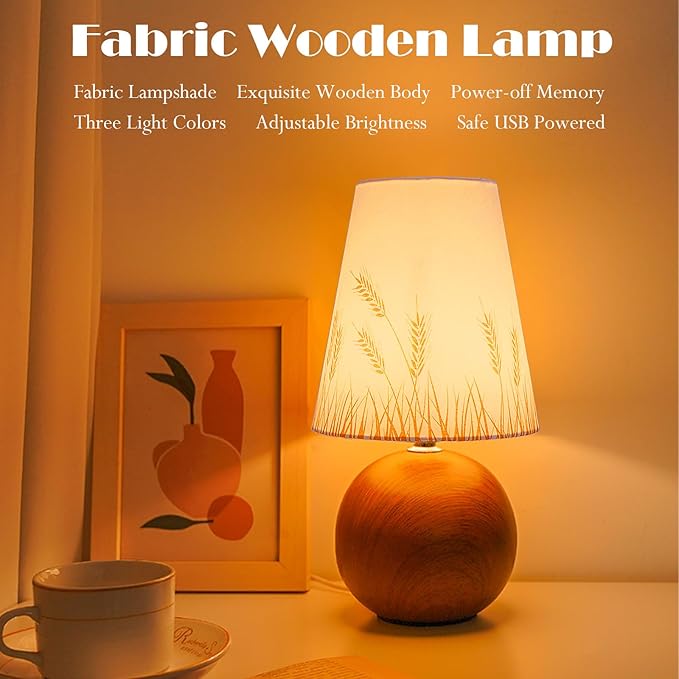 Vintage Wooden Base Fabric Night Lamp, Adjustable Light Color and Brightness with Power-Off Memory, Safe USB Powered, Retro LED Table Light for Bedroom Living Room Office (Wheat)