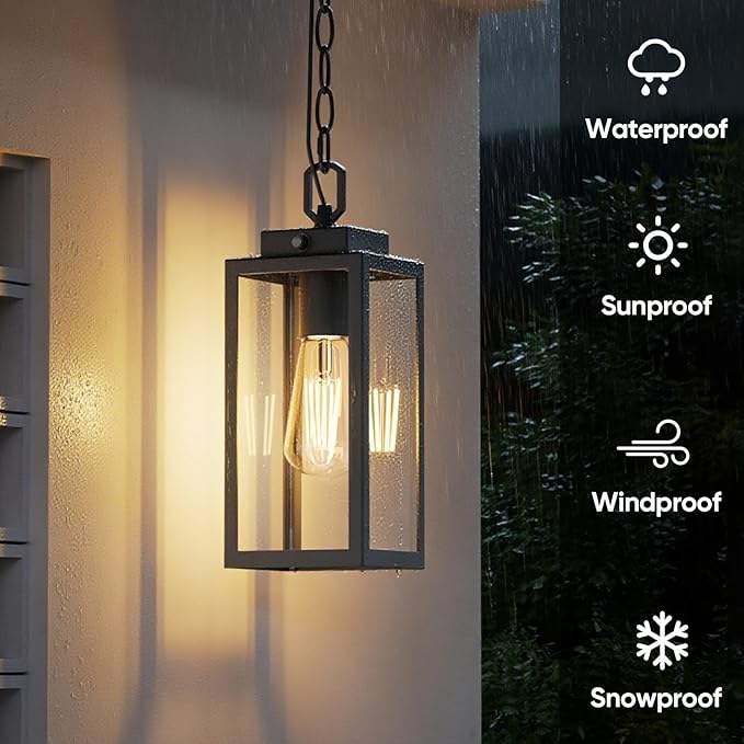 Dusk to Dawn Outdoor Pendant Light, Modern 1-Light Outdoor Hanging Lantern, Matte Black Aluminum with Clear Glass, Exterior Pendant Lighting Fixture for Porch