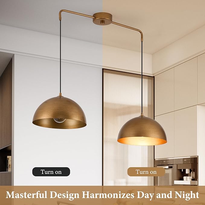 2-Light Pendant Lights Kitchen Island, Gold Metal Dome Shade Pendant Light, Kitchen Pendant Lighting Over Island, Adjustable Height Hanging Light Fixture for Farmhouse Dining Room Kitchen Cafe
