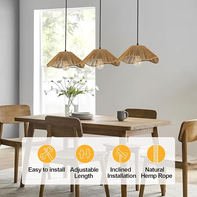 TERLEENART Bobo 3 Light Pendant Light, Hard Wired Hanging Chandelier with 12” Flower Paper Rope Rattern Shade,Suspended Lighting Fixture for for Kitchen Island Dining Bedroom Living Room Restaurants