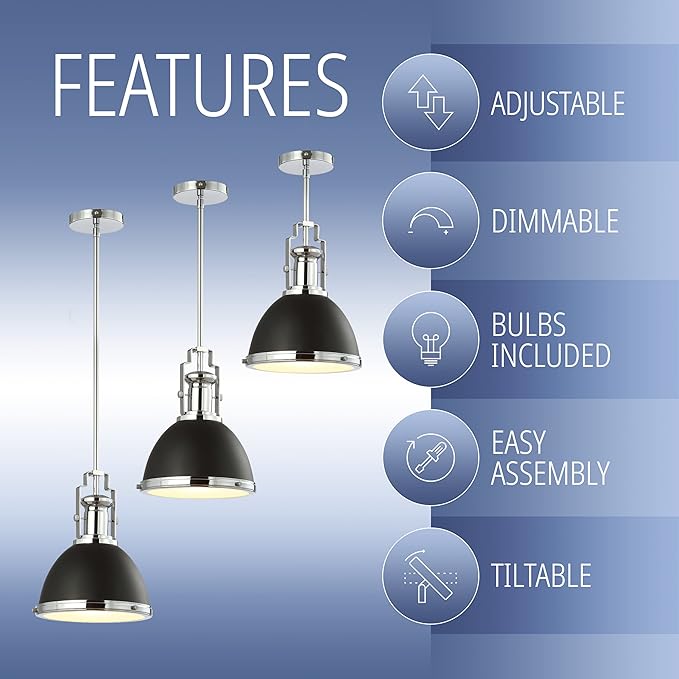 JONATHAN Y 10" Black/Chrome Modern Industrial Iron LED Dome Pendant Light, Adjustable Hanging Fixture for Kitchen Island or Entryway, Black Metal Shade, LED Bulb Included (JYL9535B)