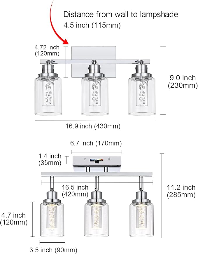 MELUCEE 5-Color Dimmbale LED Track Lighting Kit Chrome Ceiling Mount 3-Light Wall Scones Rotatable Spotlight Ceiling Light Fixture, Kitchen Track Lighting Bathroom Vanity Fixtures, Clear Glass