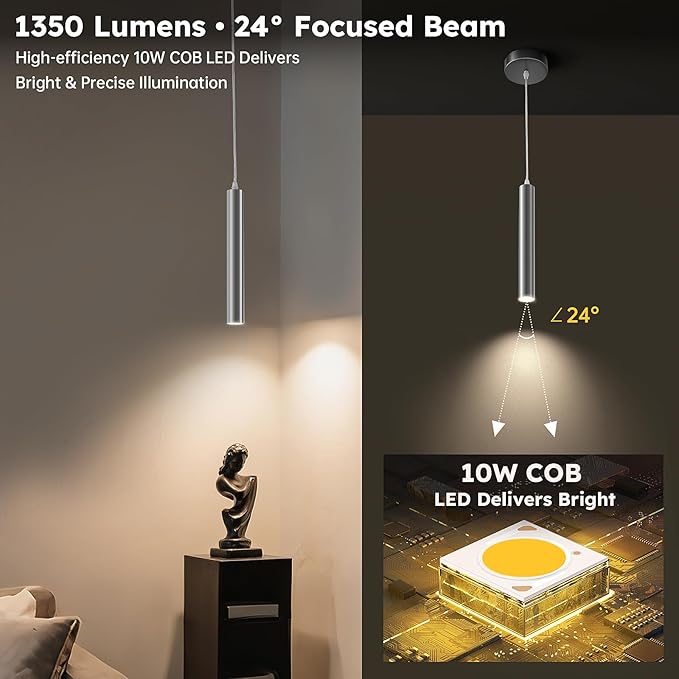 Modern Brushed Nickel Pendant Light, 10W Dimmable Integrated COB LED Adjustable Hanging Downward Lighting Fixtures for Kitchen Island, Dining Room, Bar, 4000K Neutral White, ETL Driver, 3 Pack