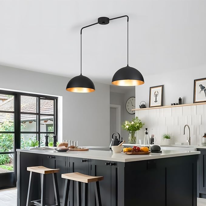 Pendant Lights Kitchen Island, 2-Light Black and Gold Dome Pendant Light Fixtures, Island Lights for Kitchen Farmhouse Dining Room Restaurant