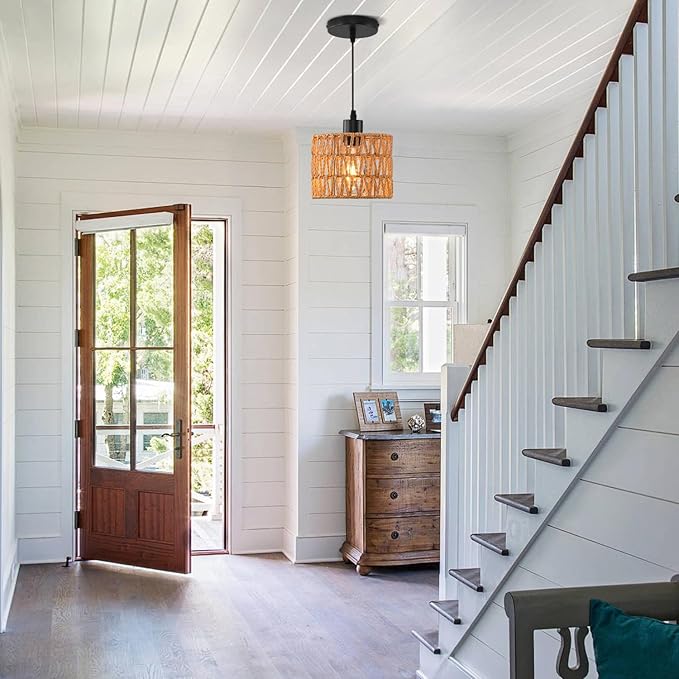 Woven Pendant Light Boho Chandelier, Rattan Pendant Lights Kitchen Island, Farmhouse Pendant Lighting with Hand Woven Wicker Shade, Boho Chandelier Light Fixtures Ceiling Hanging Light