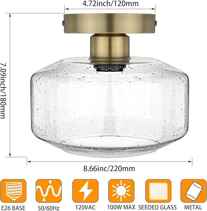 SunRider Industrial Semi-Flush Mount Ceiling Light Fixture, Seeded Glass Pendant Lamp, Brass Farmhouse Lighting for Hallway Porch Corridor Bedroom