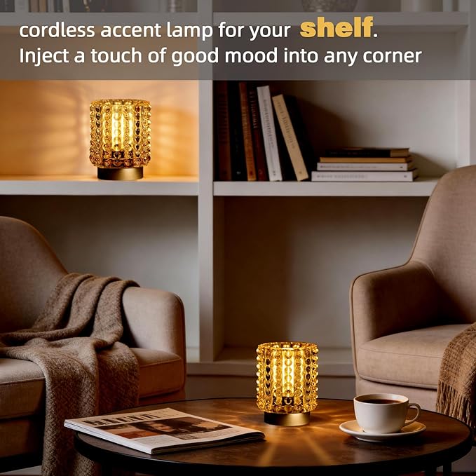 Battery Operated Lamp with Timer, Mini Crystal Table Lamps for Home Decor, Small Cordless Lamp for Areas No Outlets, Glass Battery Powered Lamps for Entryway, Bedroom, Bathroom, Shelf (2 Yellow)