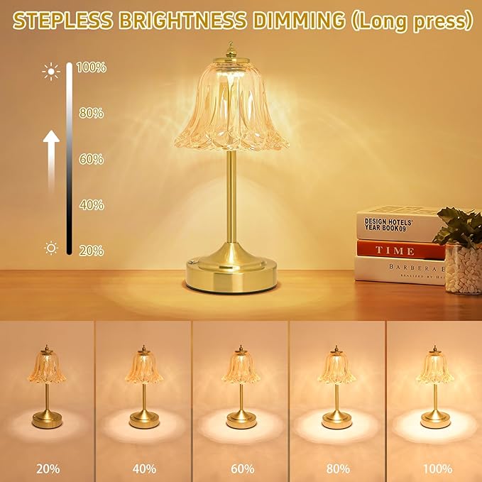 Cordless Table Lamp, Rechargeable 5200mAh Battery Lamp, Flower-Inspired Crystal Small Cordless Lamp with 3 Color Dimmable Touch Control for Bedroom Nightstand Living Room Decor