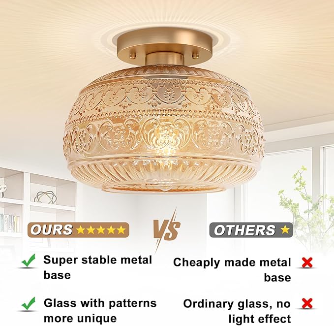 Semi Flush Mount Ceiling Light Fixture, 11" Vintage Gold Hallway Lights Fixture Ceiling with Amber Glass for Kitchen, Hallway, Bathroom and Entry Way,Compatible with E26 Light Bulb