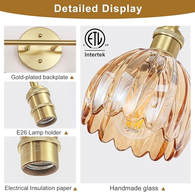 Vintage Bathroom Light Fixtures,2-Light Hardwired Vanity Lights with Amber Tulip Glass Shade,Gold Bathroom Vanity Light for Mirror Restroom,E26 Socket,14.57 in(Bulbs Not Included)