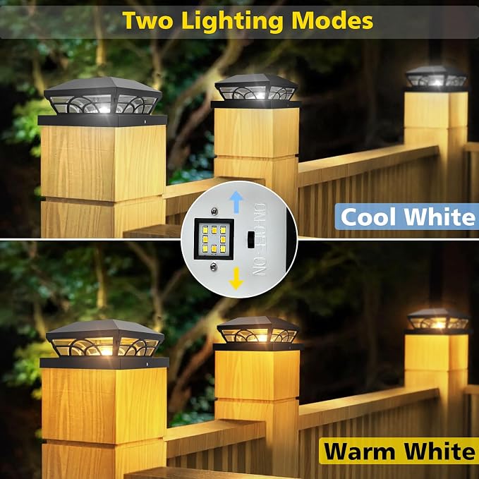 T-SUN Solar Post Cap Lights 12 Pack – Outdoor Waterproof Fence Lights for 3.5x3.5 4x4 5x5 5.5x5.5 Wood/Vinyl Posts, 2 Modes Warm White/White, Solar Deck Light for Patio, Garden, Porch (Black)
