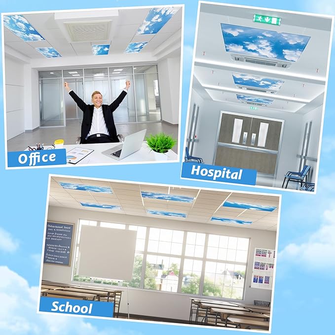 6 Pcs Fluorescent Light Covers with 60 Magnets Decorative for Classroom Ceiling Lights 4 x 2 Feet Magnetic Light Cover Filter Easy Install for Office Hospital Home Ceiling Supplies (Blue Sky Cloud)