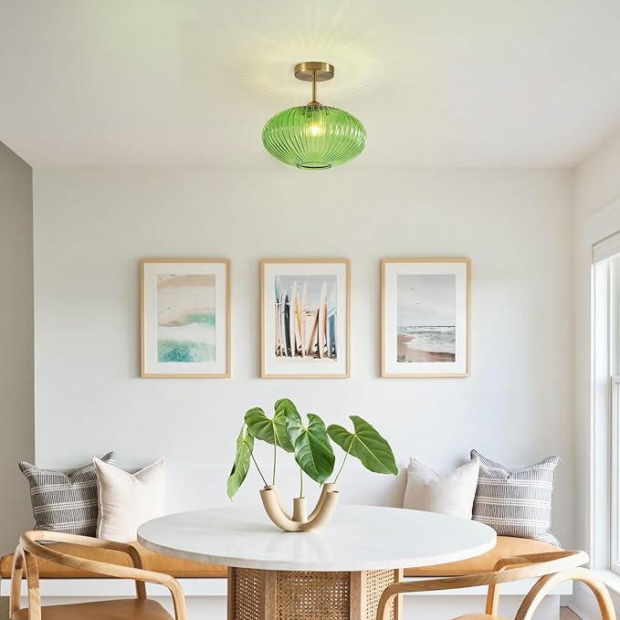 BOKT Modern Ceiling Light Green Glass Pendant Light Stairway Mid Century Close to Ceiling Light Gold Semi Flush Mount Ceilings Light Fixture for Island Kitchen Dining Room Hallway 9.8"