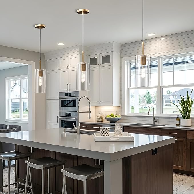 Brass Pendant Lights Kitchen Island 2 Set Modern Glass Pendant Light Fixtures, 9.5'' Farmhouse Gold Pendant Light Fixtures, Indoor Chandelier for Bathroom, Bar Included Bulb