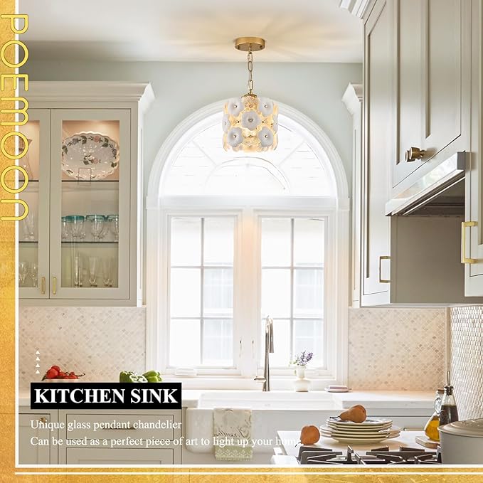 Modern Flower Small Pendant Lighting 2-Pack Gold Glass Pendant Light with White Ceramic Flowers 1-Light for Kitchen Island Sink Dining Room Entryway Hallway, E26