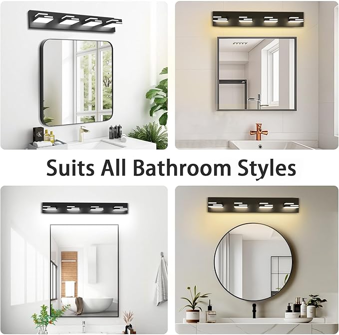 LED Modern Bathroom Vanity Light Fixtures 4-Light 28-inch 5CCT Dimmable Matte Black Vanity Lights for Bathroom Lighting Fixtures Over Mirror, with 360° Rotatable Acrylic Heads