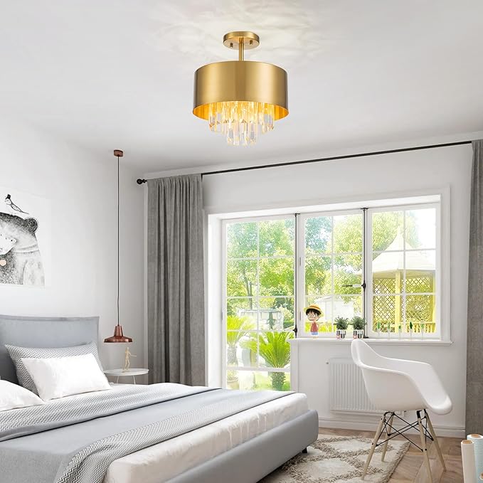 3-Light Luxury K9 Crystal Ceiling Light for Living Room, Foyer, Bedroom, Close to Ceiling Semi-Flushmount Light Fixture, Brass Finish Metal Lampshade & Clear Crystal Pendant