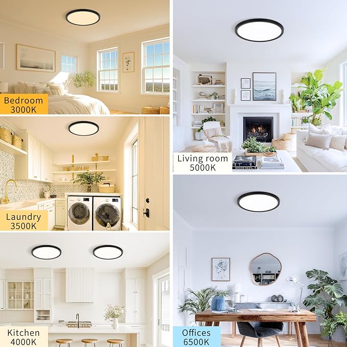 11.4 Inch 12PK LED Flush Mount Ceiling Light, ETL ,24W, 2427LM, 3000K/3500K/4000K/5000K/6500K CCT Selectable, 0.66in Ultra Thin Round Flat Panel Ceiling Light Fixture for Bedroom, Kitchen, (Black)