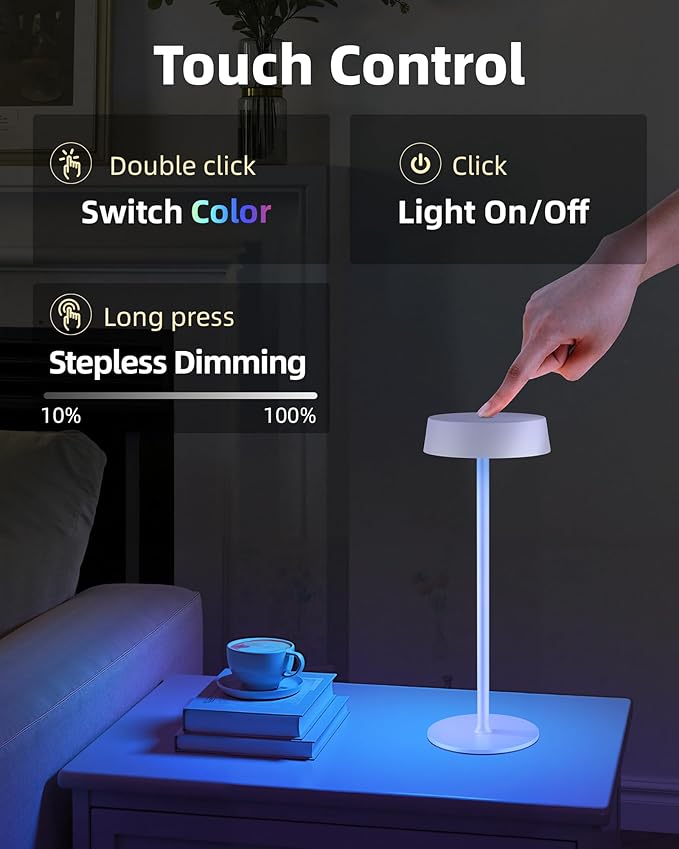 Cordless Lamp, Rechargeable Table Lamp, Battery Operated, RGB Dimmable Touch Control, 3 Color Temperatures, LED Memory Function, Portable Outdoor Waterproof, Restaurant Dining Patio Kitchen, White 2Pc