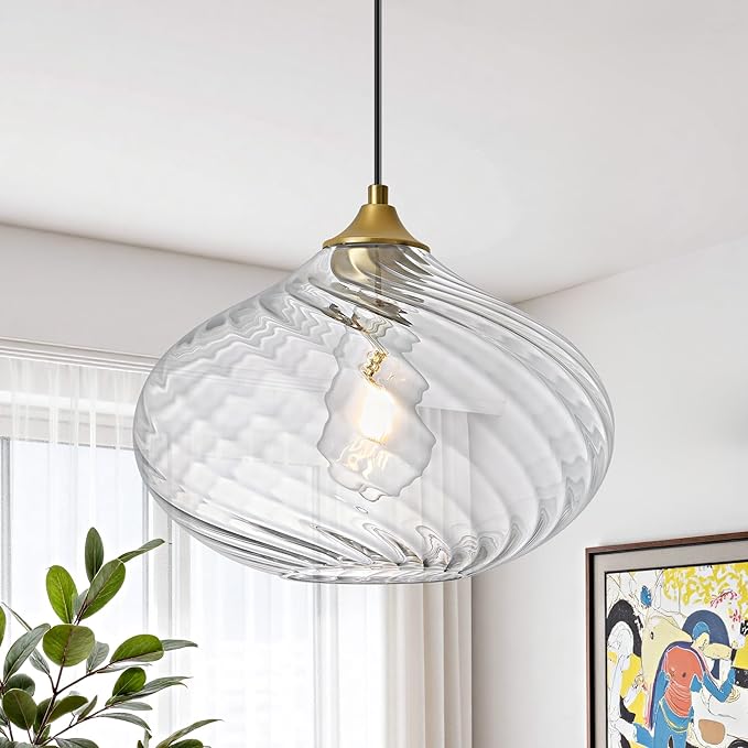 Glass Pendant Lights Kitchen Island, 11'' Brass Gold Pendant Lighting Fixtures, Modern Hanging Ceiling Light with Striped Clear Glass Shade for Farmhouse Dining Room Bedroom Hallway(1 Pack)