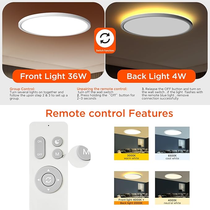 TALOYA Flush Mount Ceiling Light with Remote,3000K-6500K Adjustable,2000K Nightlight,15.8 Inch, Led Low Profile Ceiling Lights for Bedroom, Living Room, Kitchen, White