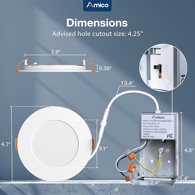 Amico 20 Pack 4 Inch 5CCT Ultra-Thin LED Recessed Ceiling Light with Junction Box, 2700K/3000K/4000K/5000K/6000K Selectable, 11W Eqv 70W, Dimmable Can-Killer Downlight, 800LM High Brightness - ETL&FCC