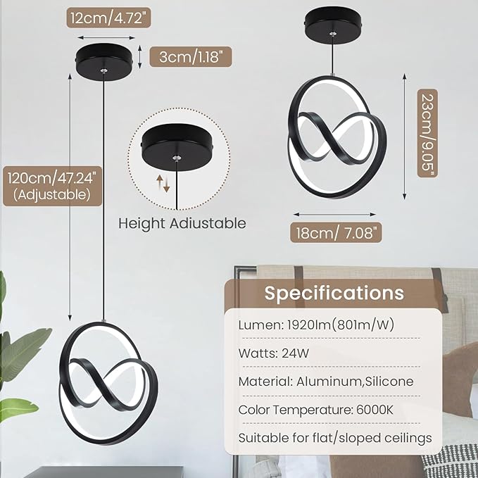 Modern LED Pendant Light Fixtures 6000K Pendant Lights Kitchen Island Lighting Adjustable Height Black Hanging Lamp for Dining Room Bedroom Living Room (1 Pack)
