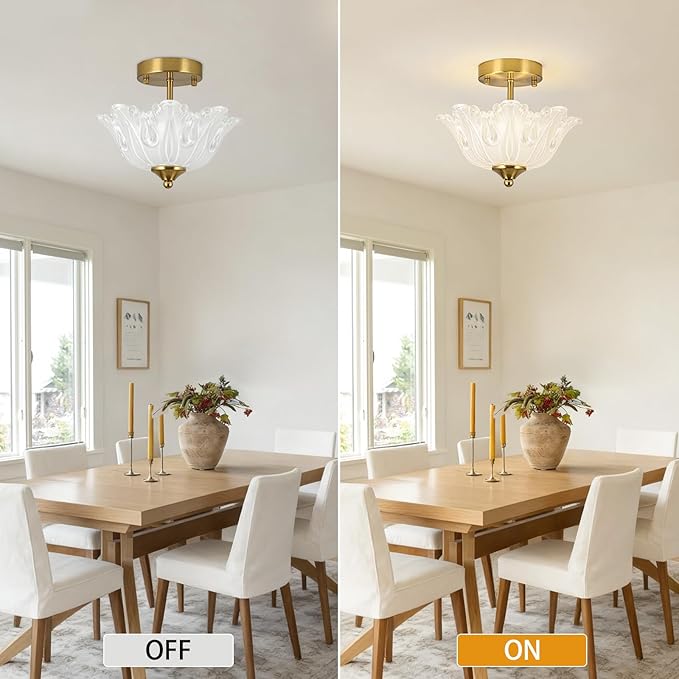 Semi Flush Mount Ceiling Light, Gold Vintage Light fixtures with Floral White Glass Shade, Modern Close-to-Ceiling Lighting for Bedroom Kitchen Living Room Hallway