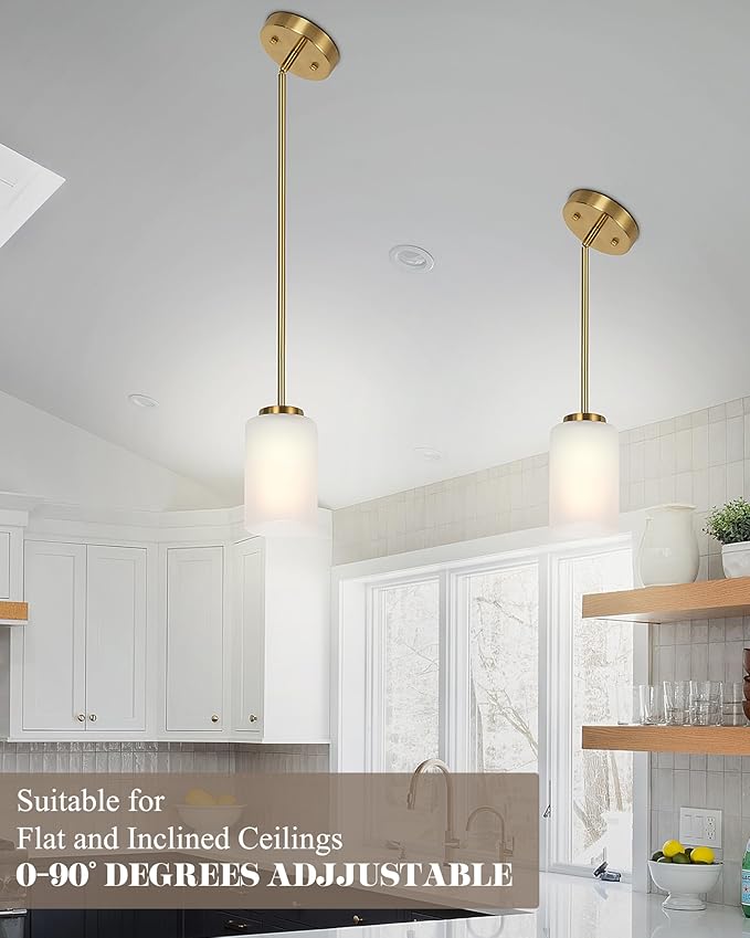 2 Pack Indoor Pendant Light Fixtures, Gold Finish Kitchen Island Hanging Lights Adjustable Ceiling Lamp, Mini Pendant Lights with White Frosted Glass Shade for House Bedroom Hallway