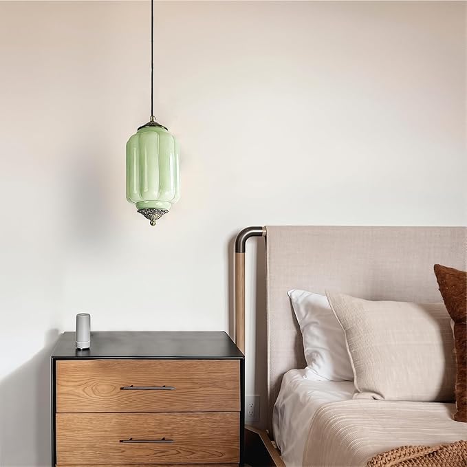 Vintage Milk Glass Pendant Lights Kitchen, Brass Color Glass Ceiling Light Fixture, Retro Industrial Pendant Lighting for Dining Room, Kitchen, Bedroom, Entryway, Hallway (Green, 5.5in)