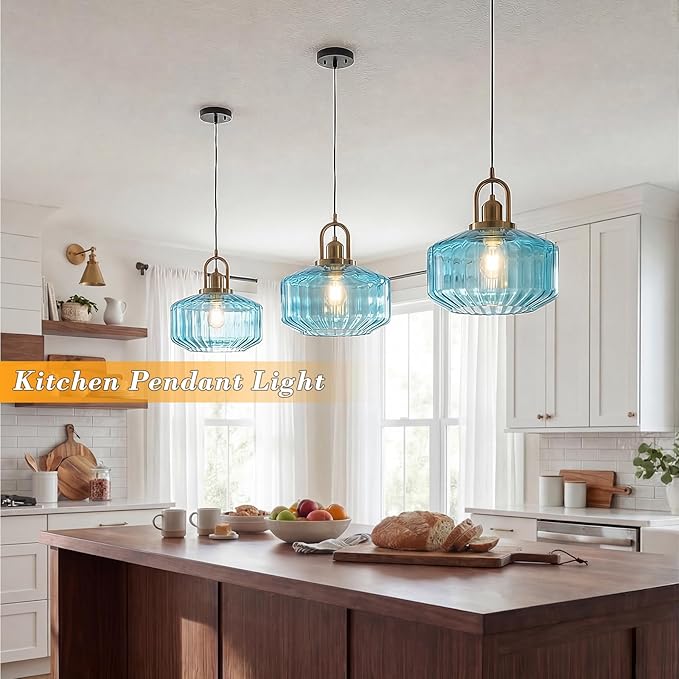 11.8in Mid Century Modern Blue Glass Pendant Light Fixture, Large Gold Kitchen Island Pendants Light Glass Ceiling Hanging Lamp for Foyer Dining Room Bedroom Entryway Hallway Over Sink