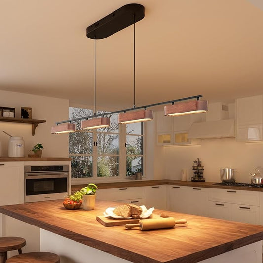 50.2" Kitchen Island Lights, 38W Wood Dining Room Light Fixtures Over Table, Dimmable Linear Pendant Lights for Kitchen Island, 4-Light Rustic Hanging Farmhouse Chandeliers, Walnut Color