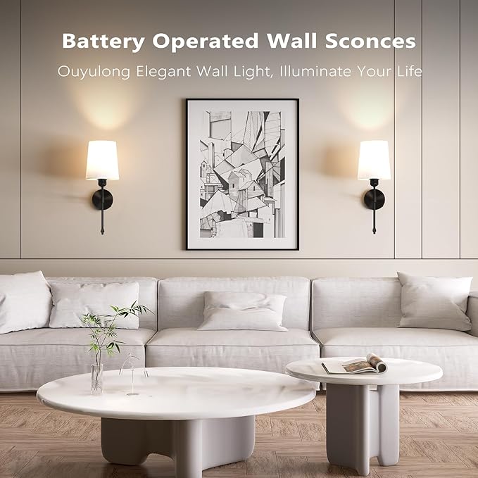 Ouyulong Battery Operated Wall Sconces Set of 2, Wireless Rechargeable Dimmable Wall Light with RGB Bulb and Remote for Bedroom, Living Room, Hallway 19in Black