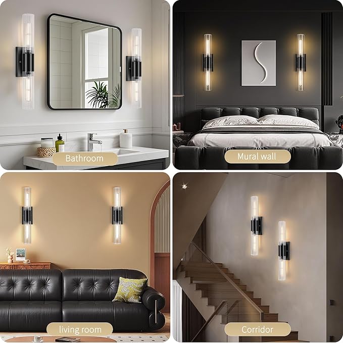 21" Bathroom Vanity Sconces Set of 2, Black Hardwired Wall Sconces Set of Two with Threaded Glass Shade, Modern Up Down Wall Decor Set of 2 for Bathroom Living Room Bedroom Hallway-Bulb Not Included ﻿