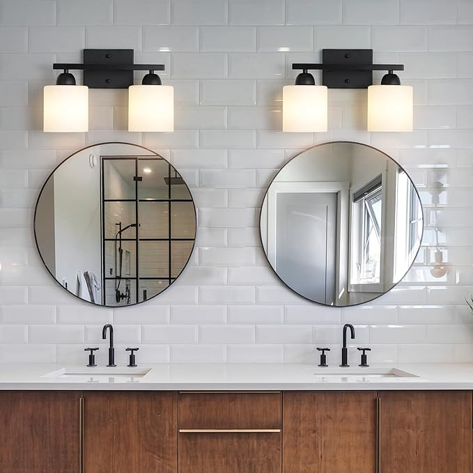 Mecgirn Milk Glass Vanity Lights for Bathroom, 2 Light Matte Black Bathroom Light Fixtures Over Mirror, Ceramic E26 Sockets Wall Mounted
