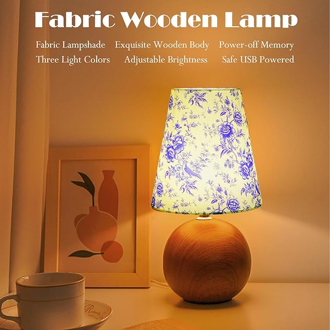 Vintage Wooden Base Fabric Table Lamp, Adjustable Light Color and Brightness with Power-Off Memory, Safe USB Powered, Retro Style LED Light for Bedroom Living Room Office (Blue Flowers)