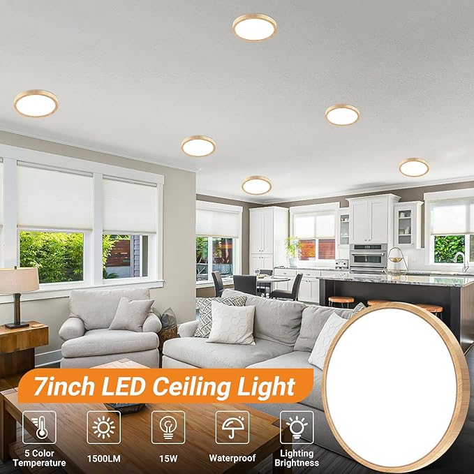 slochi 2Pack LED Flush Mount Ceiling Light Fixture, 7 Inch 15W, 1500LM, Super Slim 0.7 Inch, 3000K-6500K Adjustable Low Profile LED Ceiling Lights for Bedroom, Kitchen, Hallway(Wood)
