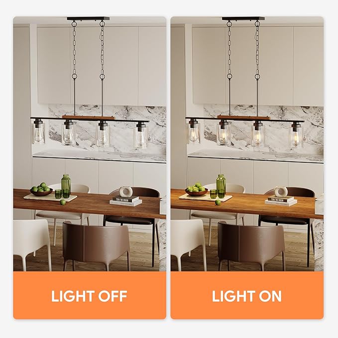 VONLUCE Dining Room Light Fixture Over Table, 4-Light Kitchen Island Lighting with Glass Shade and Adjustable Rods, Farmhouse Linear Chandelier Pendant Light for Kitchen Living Room, Matte Black