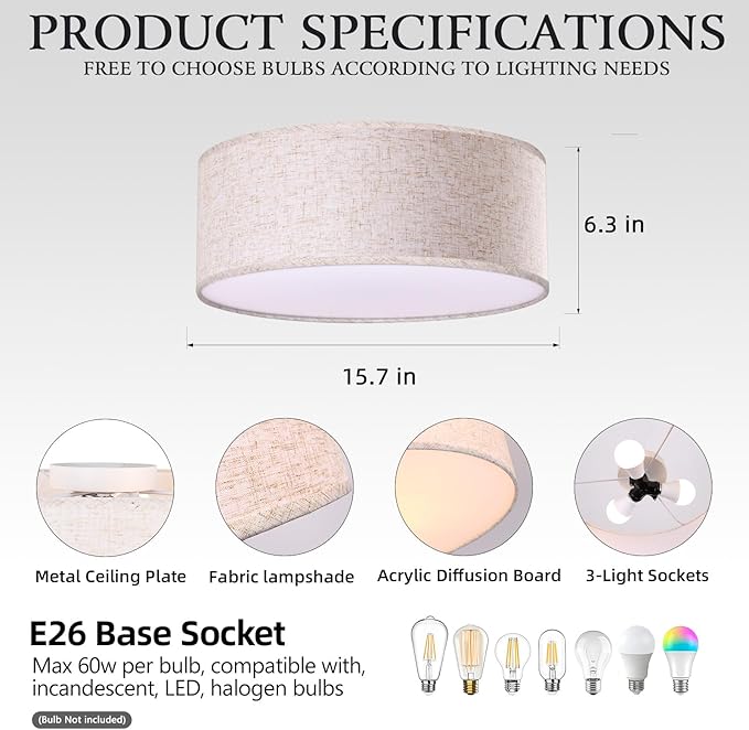 15.7-inch Modern Ceiling Light with Natural Linen Shade, Three-Light recessed Drum Fixture, UL-Certified for bedrooms, Kitchens, Living Rooms, hallways, and porches.