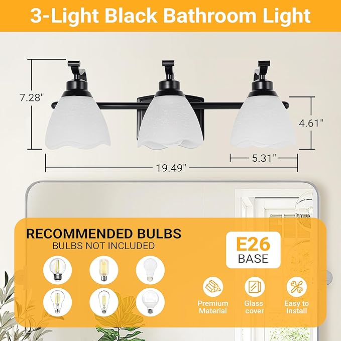 WJShome 3-Light Bathroom Light Fixture, 19.5" Vintage Vanity Lights with Frosted Glass Shades, Farmhouse Black Wall Light Fixtures, for Mirror, Living Room, Cabinet, Bedroom, Porch