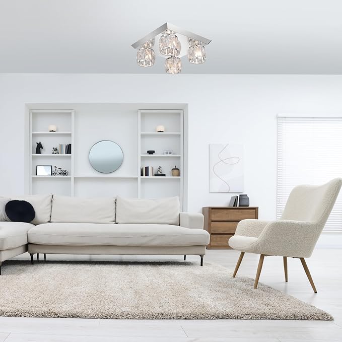 Luxury K9 Crystal Ceiling Light with Square Metal Canopy Chrome Finish, 4-Light Elegant Flush Mount Modern Chandelier for Living Room, Bedroom, Kitchen, Bathroom G9 Base Bulb Not Included