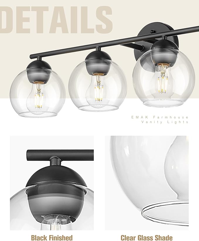 Emak 29 Inch Black Bathroom Light Fixtures, 4-Light Vanity Light with Clear Glass Shade, Globe Vanity Lights for Bathroom, VL114-BKL-4