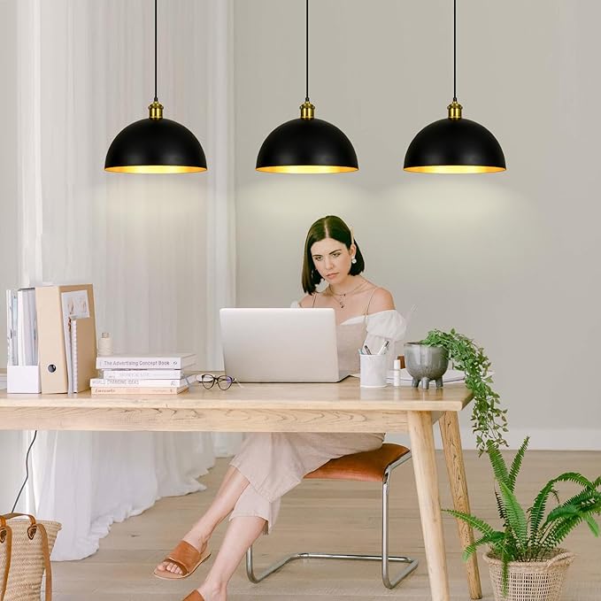 Pendant Lights Kitchen Island - 12-Inch Farmhouse Dome Hanging Light Fixture, Black and Gold Industrial Ceiling Light Adjustable Kitchen Pendant Lighting for Dining Room, Bedroom, Living Rooms